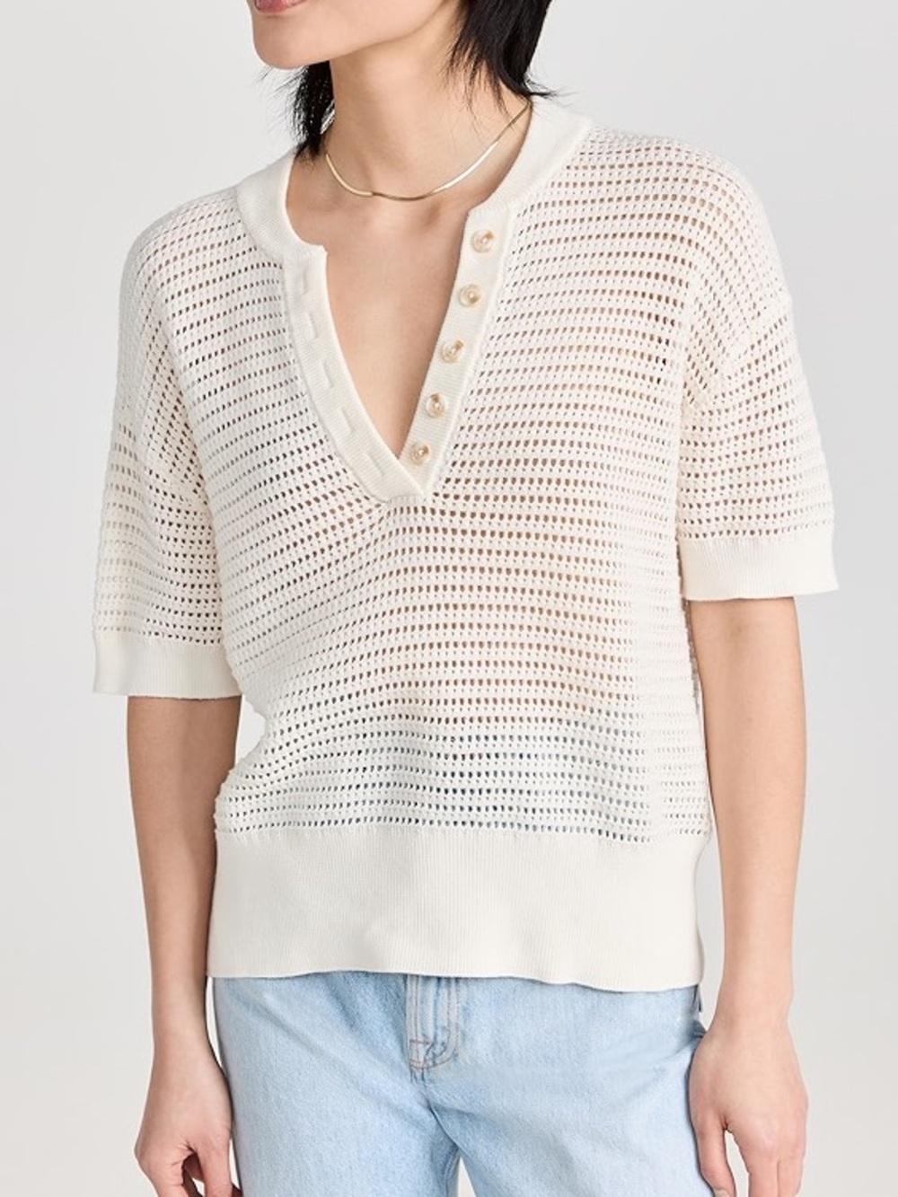 Varley Cream Callie Knit V-Neck Cotton Short Sleeve Relaxed Fit Top